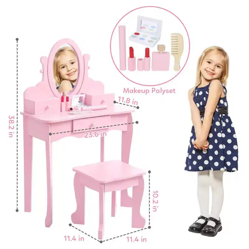 Toeletta Rosa per Bambine, Tavolino Trucco in Legno con Specchio Regolabile e Sgabello, Set da Gioco per Travestimenti per Bambine dai 4 ai 9 Anni