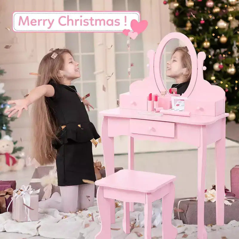Toeletta Rosa per Bambine, Tavolino Trucco in Legno con Specchio Regolabile e Sgabello, Set da Gioco per Travestimenti per Bambine dai 4 ai 9 Anni