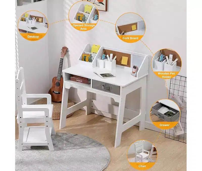 Scrivania e Sedia per Bambini, Tavolo da Studio in Legno con Contenitori, Libreria, Bacheca e Portapenne, Tavolo da Scrittura per Bambini e Bambine