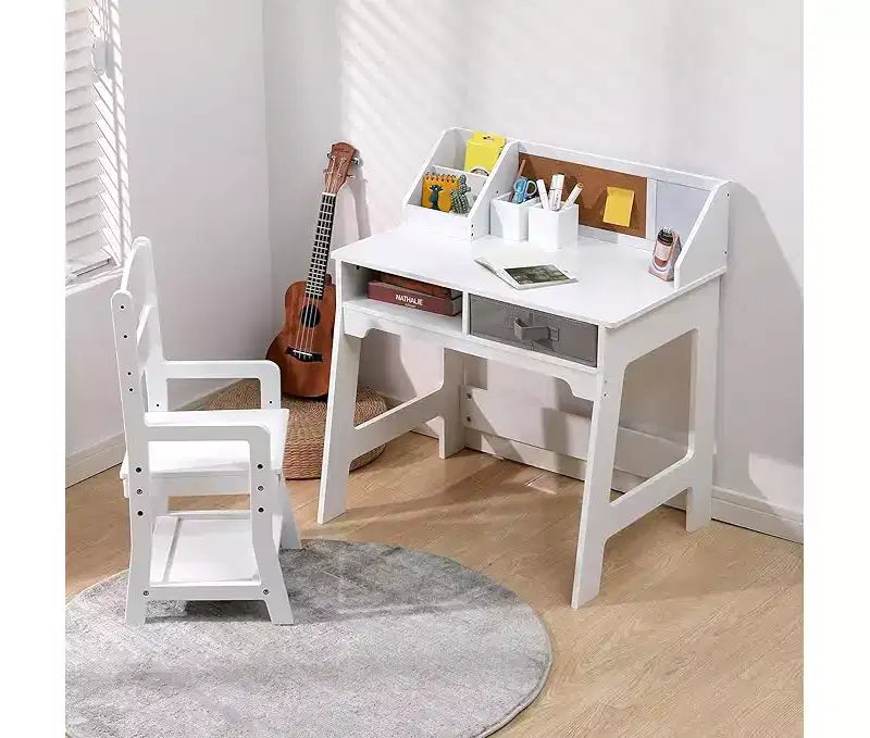 Scrivania e Sedia per Bambini, Tavolo da Studio in Legno con Contenitori, Libreria, Bacheca e Portapenne, Tavolo da Scrittura per Bambini e Bambine