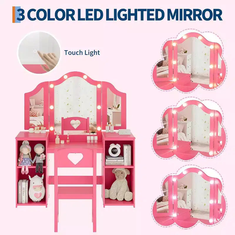 Toeletta per Bambini, Scrivania da Trucco da Principessa e Sedia con Luce Tattile Specchio Tri-Pieghevole Rimovibile, Toeletta per Gioco di Imitazione
