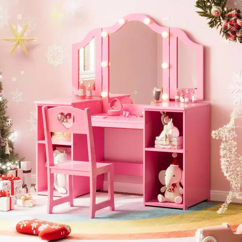 Toeletta per Bambini, Scrivania da Trucco da Principessa e Sedia con Luce Tattile Specchio Tri-Pieghevole Rimovibile, Toeletta per Gioco di Imitazione