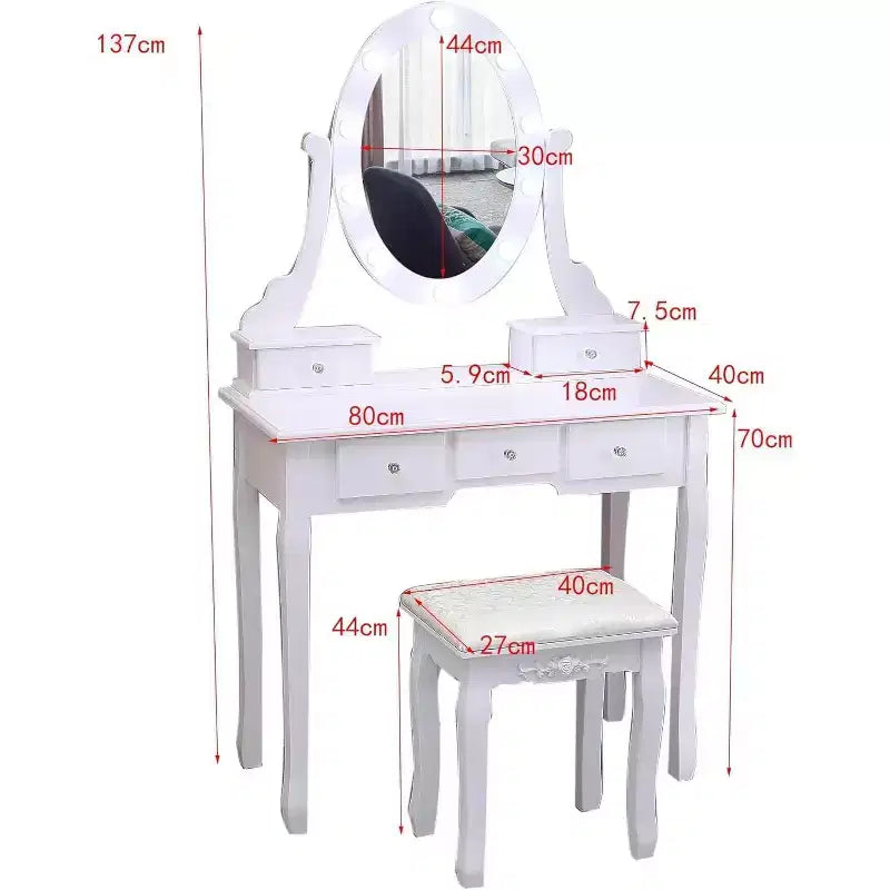 Toeletta, Toeletta per bambine con specchio illuminato e sgabello, Tavolo da trucco con 5 cassetti, Tavolo da toeletta