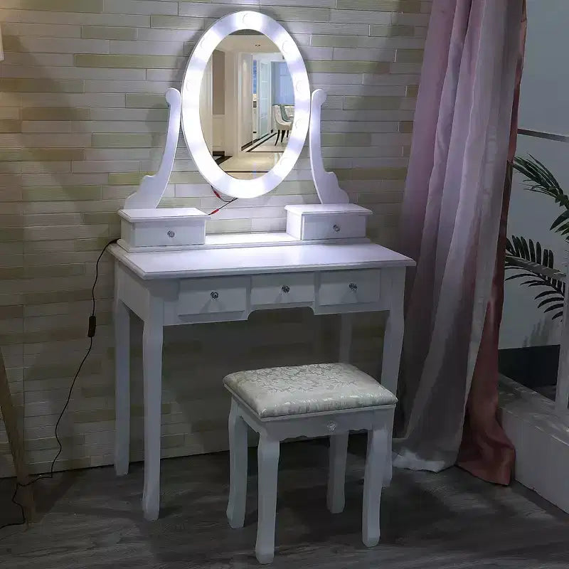 Toeletta, Toeletta per bambine con specchio illuminato e sgabello, Tavolo da trucco con 5 cassetti, Tavolo da toeletta