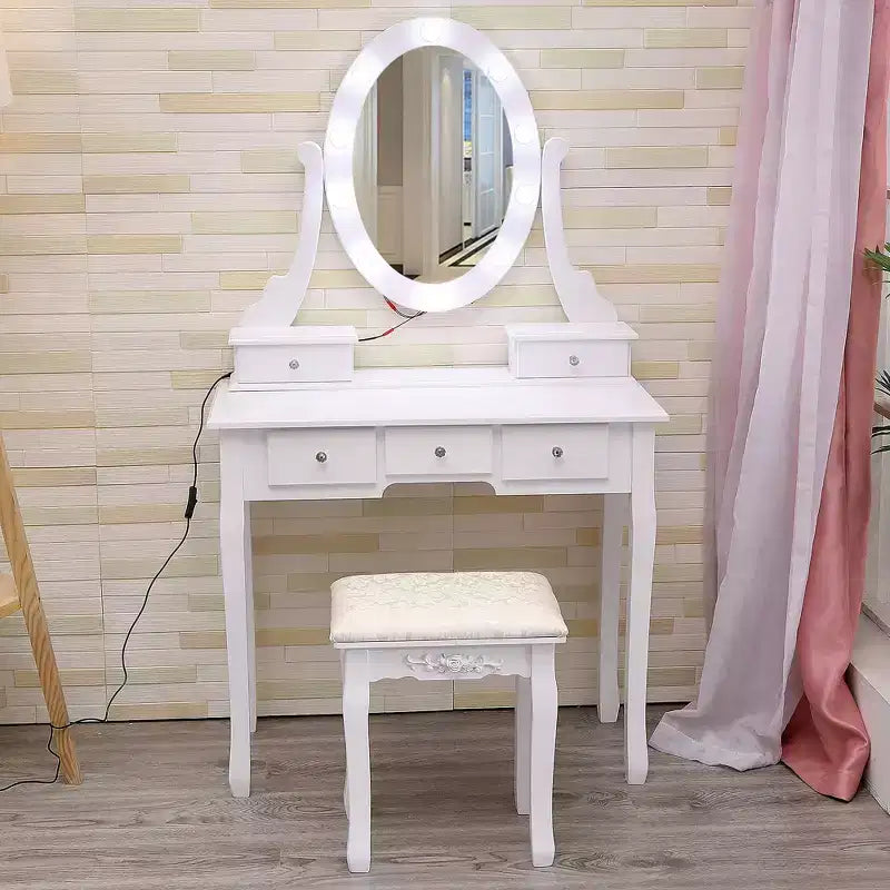 Toeletta, Toeletta per bambine con specchio illuminato e sgabello, Tavolo da trucco con 5 cassetti, Tavolo da toeletta