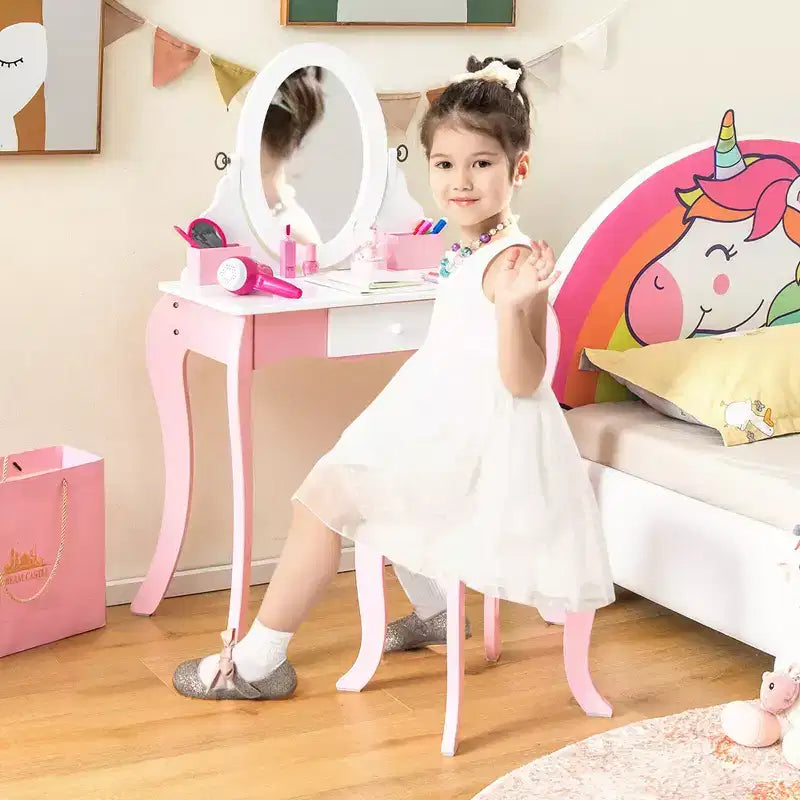 Tavolino da Trucco per Bambini 2-in-1 con Specchio e Lavagna