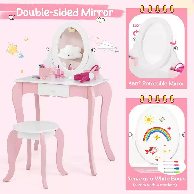 Tavolino da Trucco per Bambini 2-in-1 con Specchio e Lavagna