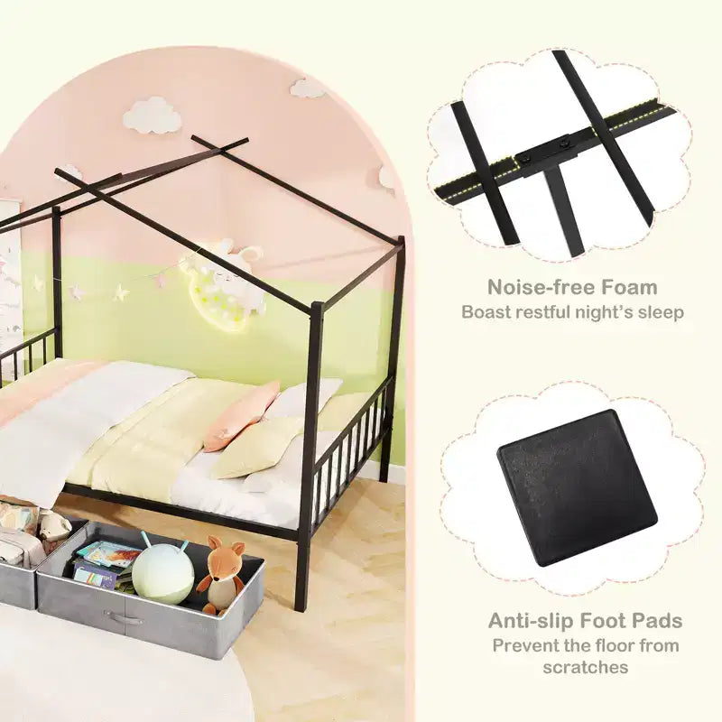 Letto a capanna in metallo full-size con 2 cassetti in tessuto, letto a piattaforma resistente