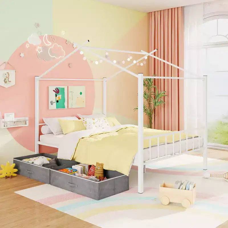 Letto a capanna in metallo full-size con 2 cassetti in tessuto, letto a piattaforma resistente