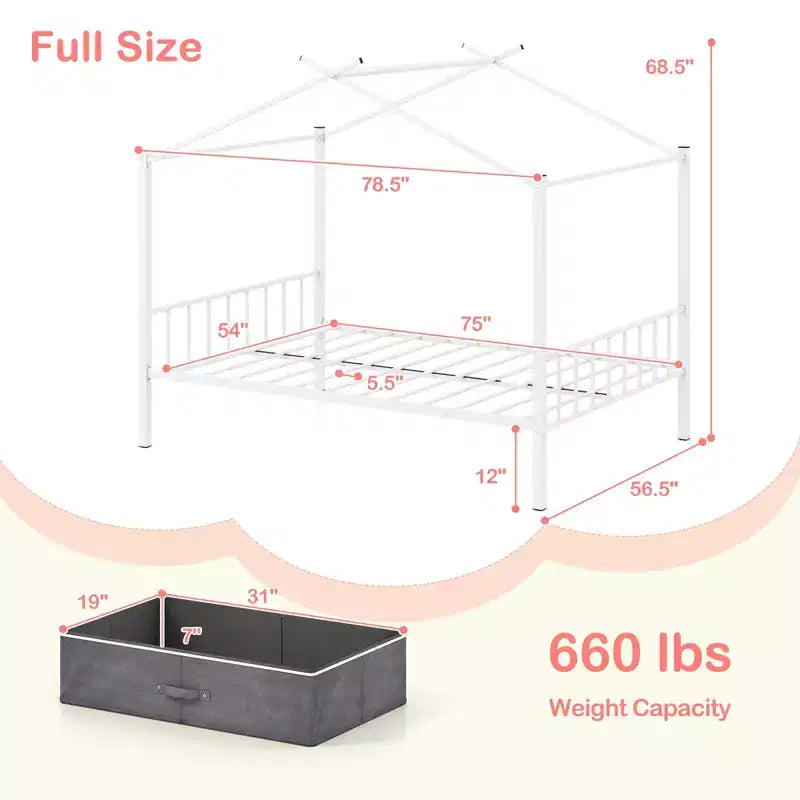 Letto a capanna in metallo full-size con 2 cassetti in tessuto, letto a piattaforma resistente