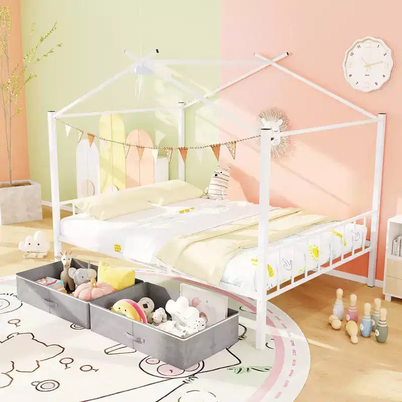 Letto a capanna in metallo full-size con 2 cassetti in tessuto, letto a piattaforma resistente