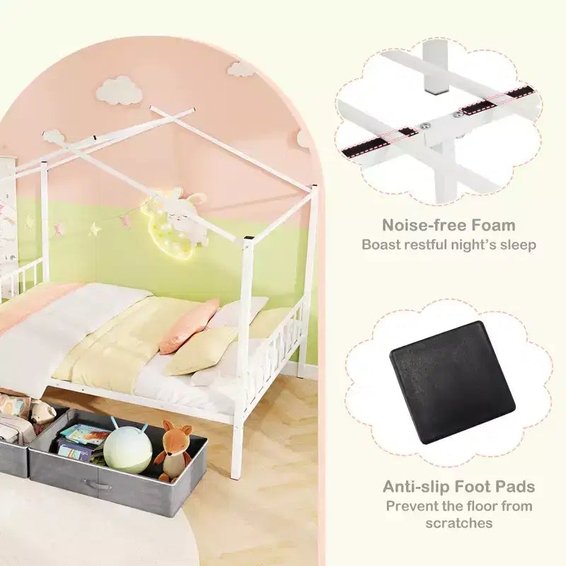 Letto a capanna in metallo full-size con 2 cassetti in tessuto, letto a piattaforma resistente