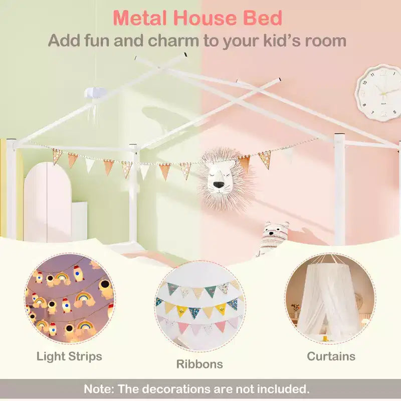 Letto a capanna in metallo full-size con 2 cassetti in tessuto, letto a piattaforma resistente