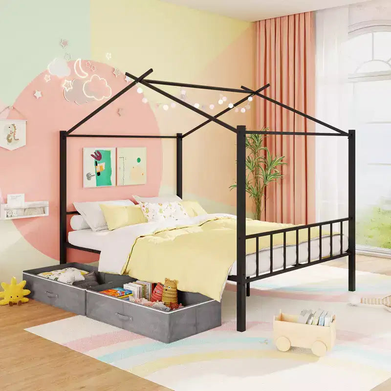 Letto a capanna in metallo full-size con 2 cassetti in tessuto, letto a piattaforma resistente