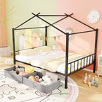 Letto a capanna in metallo full-size con 2 cassetti in tessuto, letto a piattaforma resistente