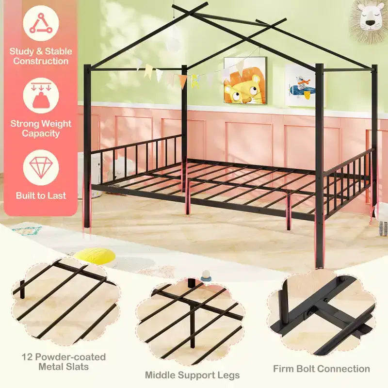 Letto a capanna in metallo full-size con 2 cassetti in tessuto, letto a piattaforma resistente
