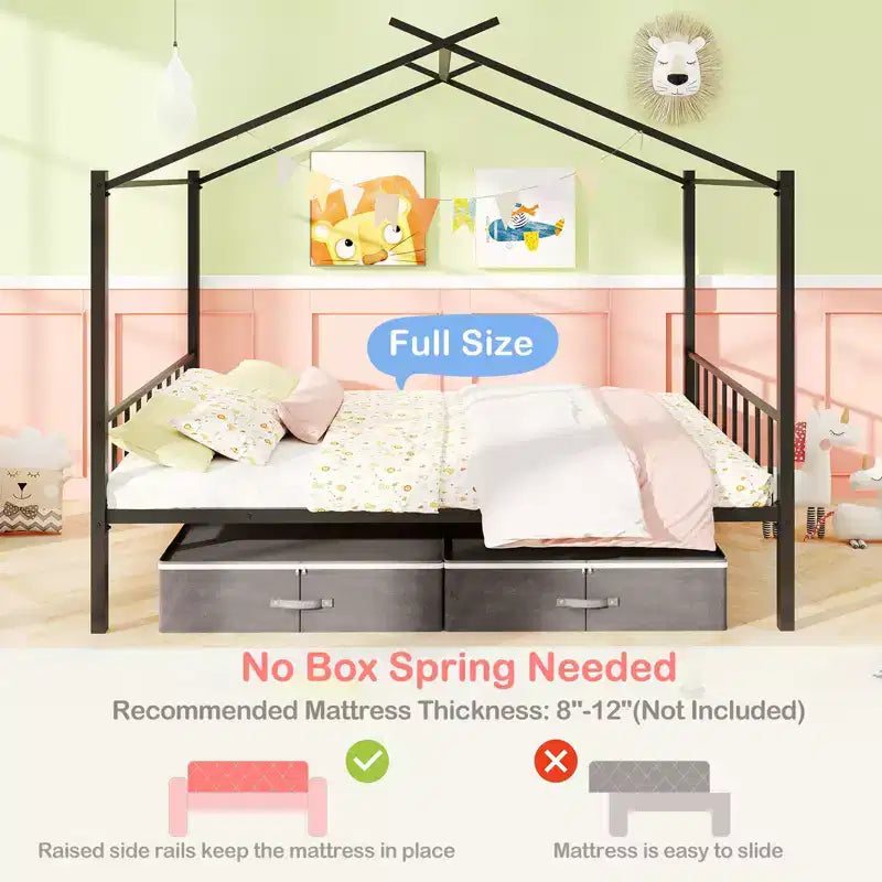 Letto a capanna in metallo full-size con 2 cassetti in tessuto, letto a piattaforma resistente