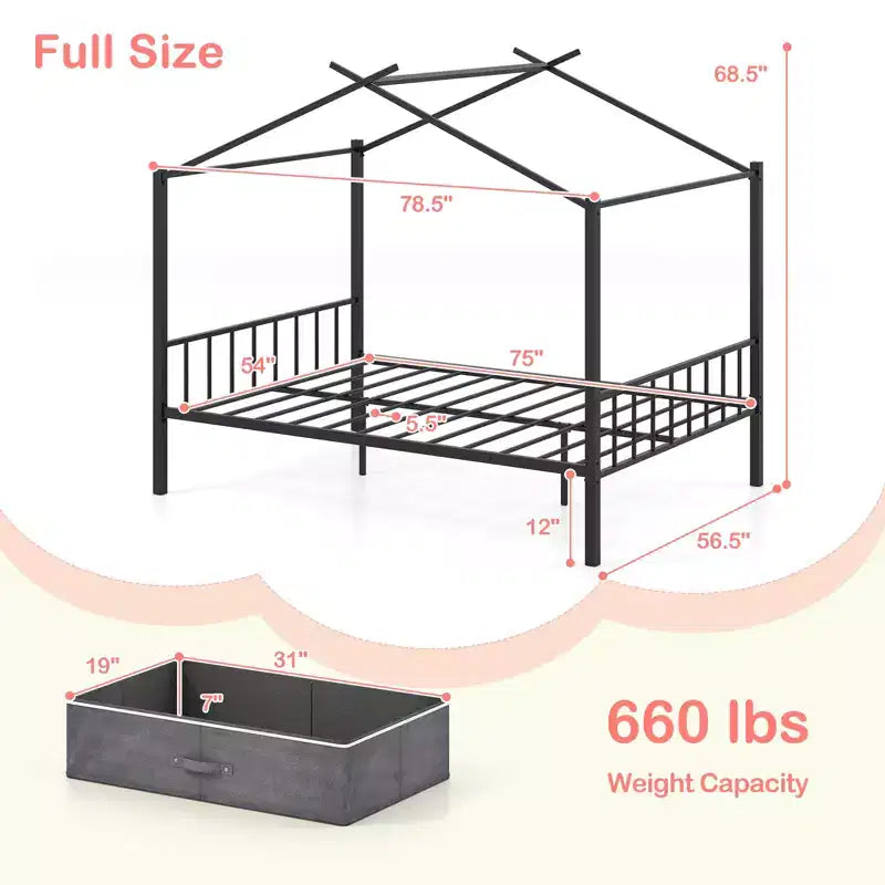 Letto a capanna in metallo full-size con 2 cassetti in tessuto, letto a piattaforma resistente