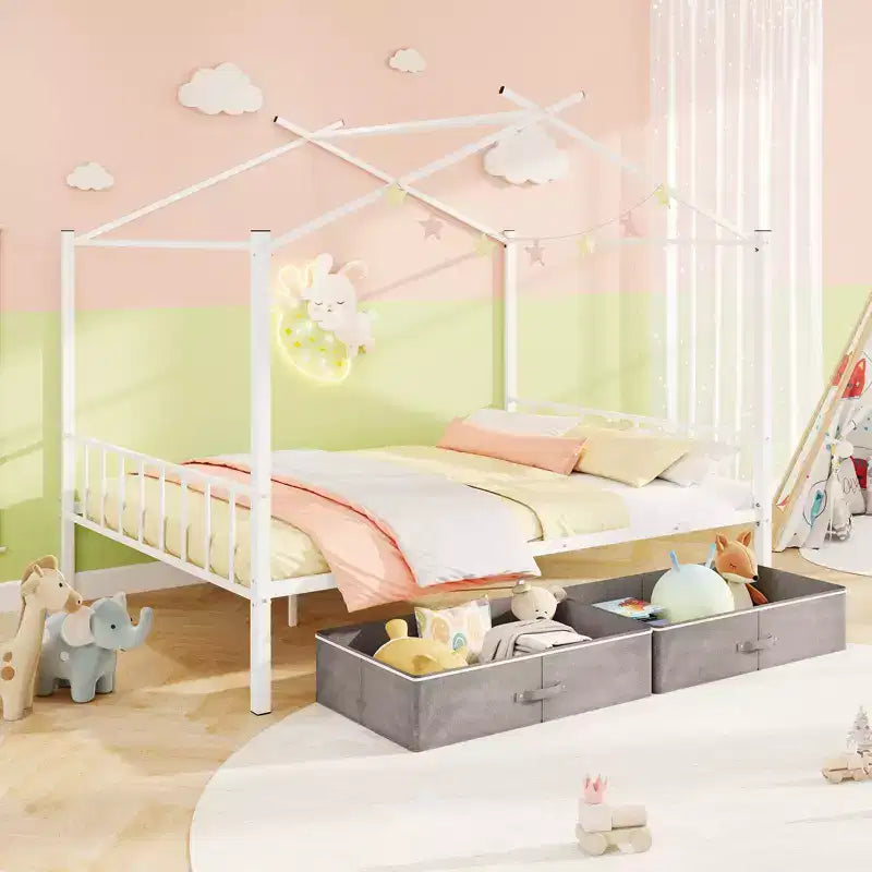 Letto a capanna in metallo full-size con 2 cassetti in tessuto, letto a piattaforma resistente
