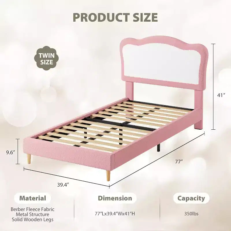 Telaio Letto Singolo/Matrimoniale Imbottito per Bambini con Testiera a Scollature, Grazioso Letto Singolo in Velluto per Bambine e Bambini, Robusto Letto a Piattaforma, Doghe in Legno, Silenzioso