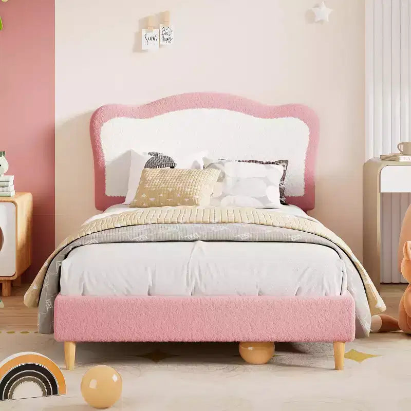 Telaio Letto Singolo/Matrimoniale Imbottito per Bambini con Testiera a Scollature, Grazioso Letto Singolo in Velluto per Bambine e Bambini, Robusto Letto a Piattaforma, Doghe in Legno, Silenzioso