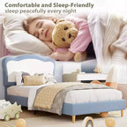 Telaio Letto Singolo/Matrimoniale Imbottito per Bambini con Testiera a Scollature, Grazioso Letto Singolo in Velluto per Bambine e Bambini, Robusto Letto a Piattaforma, Doghe in Legno, Silenzioso