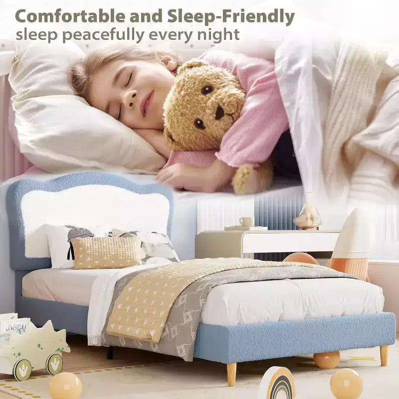 Telaio Letto Singolo/Matrimoniale Imbottito per Bambini con Testiera a Scollature, Grazioso Letto Singolo in Velluto per Bambine e Bambini, Robusto Letto a Piattaforma, Doghe in Legno, Silenzioso