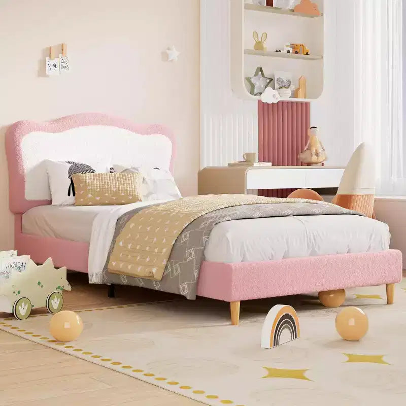 Telaio Letto Singolo/Matrimoniale Imbottito per Bambini con Testiera a Scollature, Grazioso Letto Singolo in Velluto per Bambine e Bambini, Robusto Letto a Piattaforma, Doghe in Legno, Silenzioso