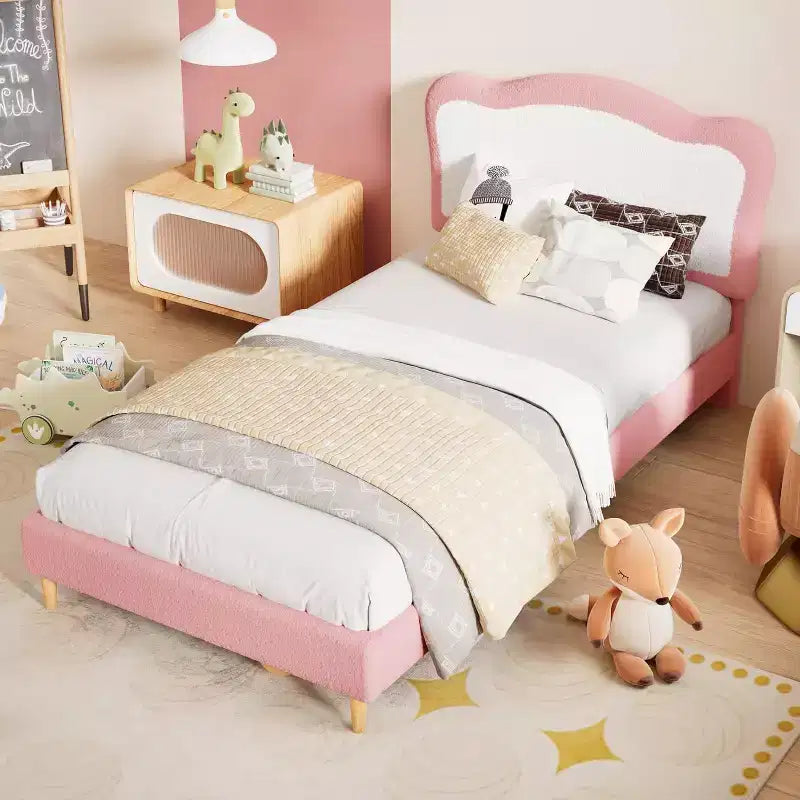 Telaio Letto Singolo/Matrimoniale Imbottito per Bambini con Testiera a Scollature, Grazioso Letto Singolo in Velluto per Bambine e Bambini, Robusto Letto a Piattaforma, Doghe in Legno, Silenzioso