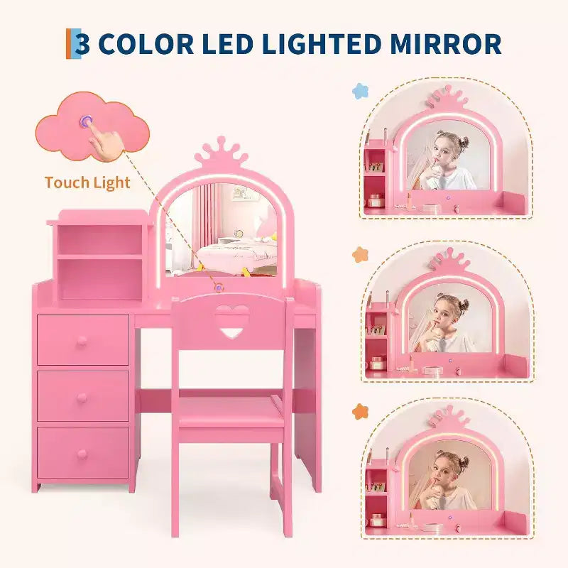 Toeletta per Bambini 2 in 1 con Luci, Tavolo da Trucco e Scrivania da Principessa Rosa, Toeletta in Legno per Bambini con Sgabello, Cassetti, Scrivania da Gioco Convertibile per Bambine