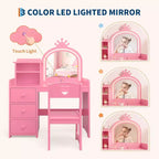 Toeletta per Bambini 2 in 1 con Luci, Tavolo da Trucco e Scrivania da Principessa Rosa, Toeletta in Legno per Bambini con Sgabello, Cassetti, Scrivania da Gioco Convertibile per Bambine