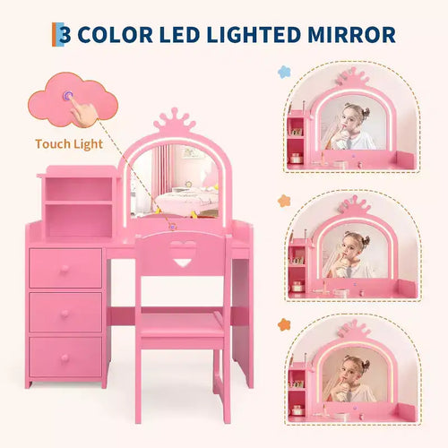 Toeletta per Bambini 2 in 1 con Luci, Tavolo da Trucco e Scrivania da Principessa Rosa, Toeletta in Legno per Bambini con Sgabello, Cassetti, Scrivania da Gioco Convertibile per Bambine