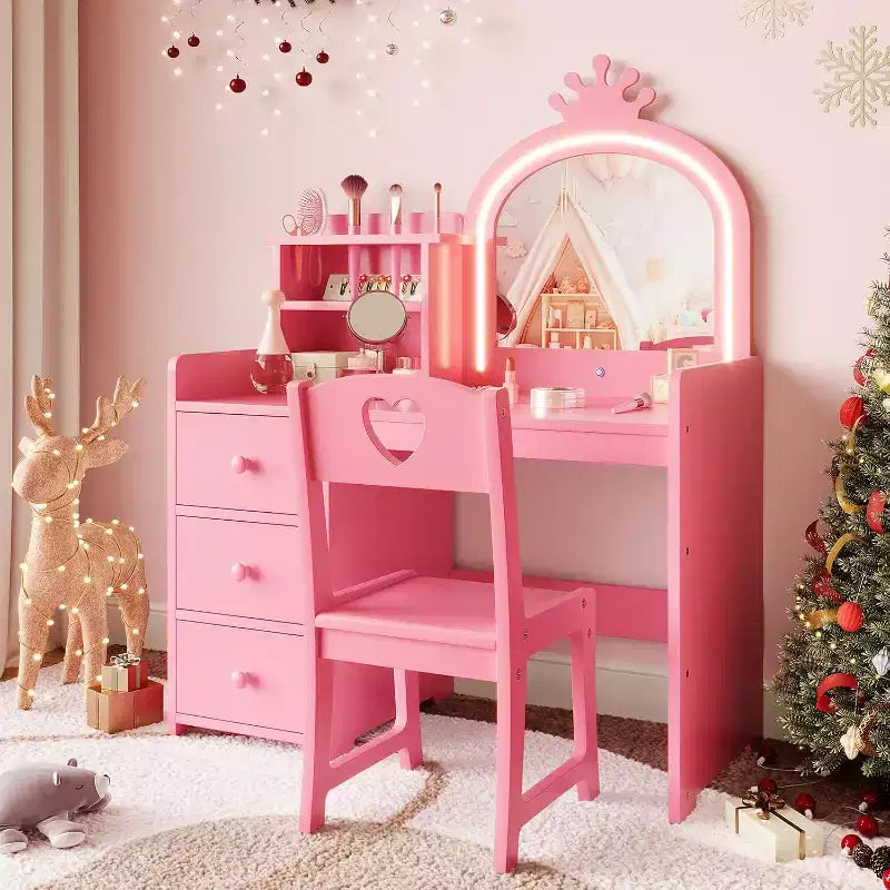 Toeletta per Bambini 2 in 1 con Luci, Tavolo da Trucco e Scrivania da Principessa Rosa, Toeletta in Legno per Bambini con Sgabello, Cassetti, Scrivania da Gioco Convertibile per Bambine