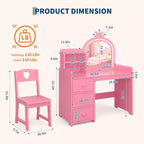 Toeletta per Bambini 2 in 1 con Luci, Tavolo da Trucco e Scrivania da Principessa Rosa, Toeletta in Legno per Bambini con Sgabello, Cassetti, Scrivania da Gioco Convertibile per Bambine