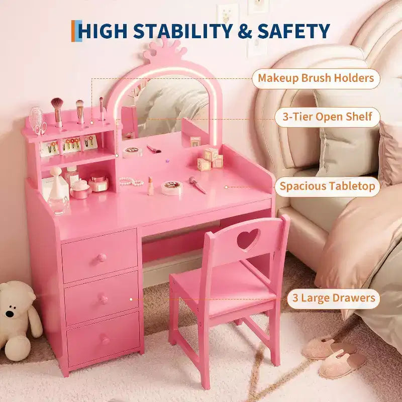Toeletta per Bambini 2 in 1 con Luci, Tavolo da Trucco e Scrivania da Principessa Rosa, Toeletta in Legno per Bambini con Sgabello, Cassetti, Scrivania da Gioco Convertibile per Bambine
