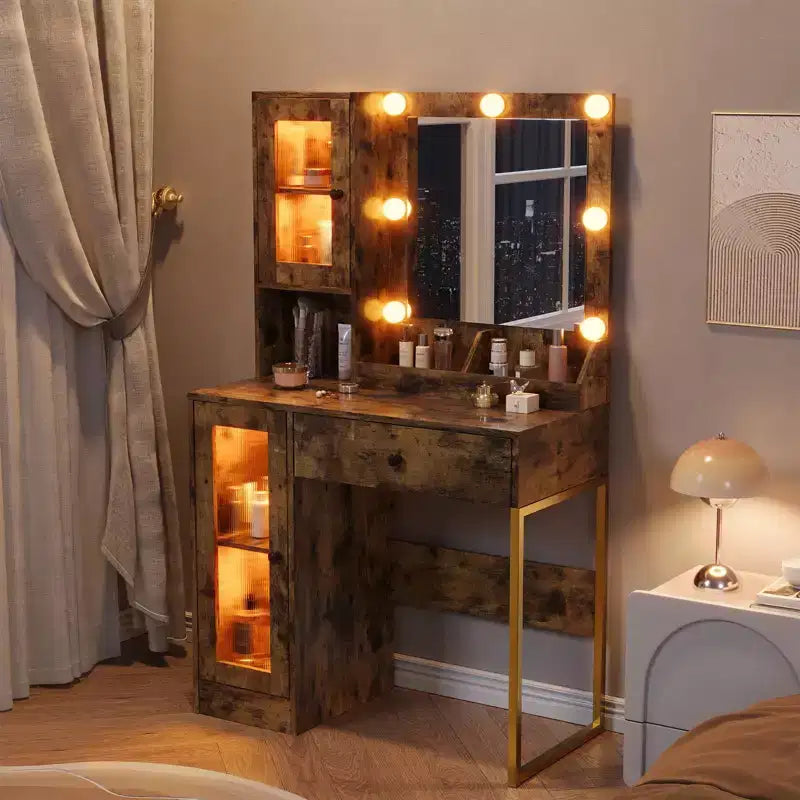 Toeletta da trucco con specchio e luci, tavolino da trucco con stazione di ricarica, toletta in legno per la camera da letto delle ragazze