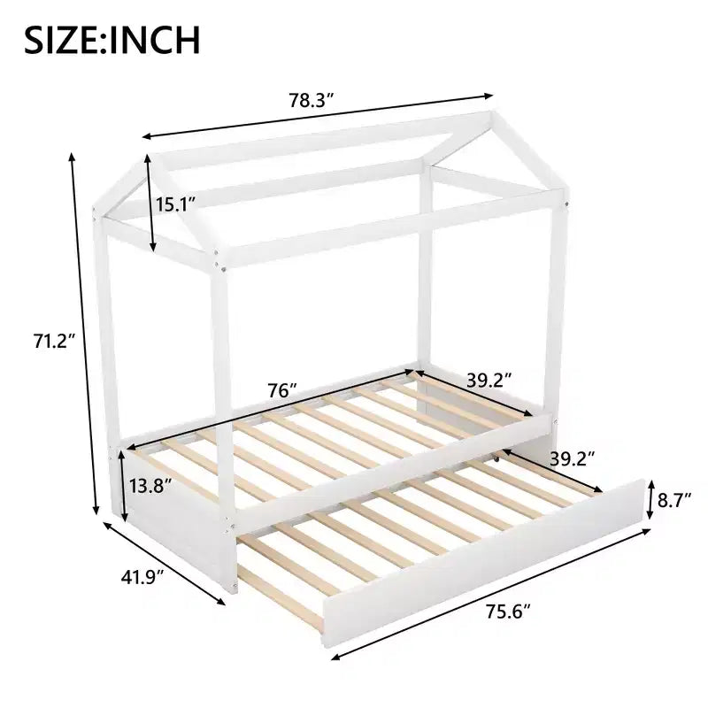 Letto a capanna in legno una piazza e mezza con letto estraibile, Bianco