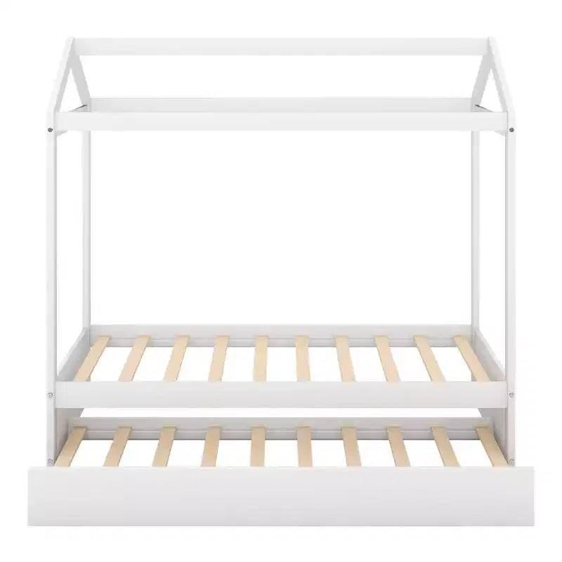 Letto a capanna in legno una piazza e mezza con letto estraibile, Bianco