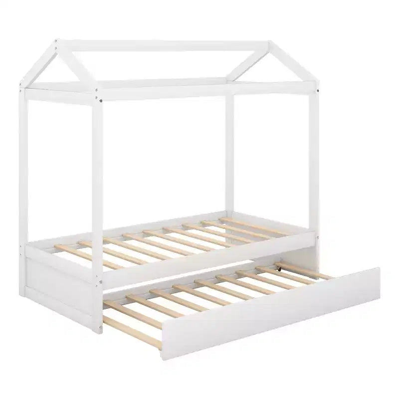 Letto a capanna in legno una piazza e mezza con letto estraibile, Bianco