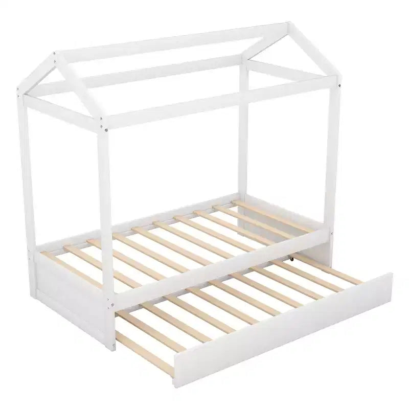 Letto a capanna in legno una piazza e mezza con letto estraibile, Bianco