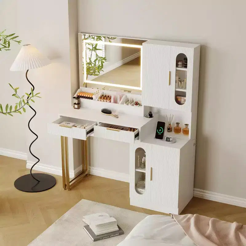 Toeletta, Tavolo da trucco scanalato con cassetti e armadietti, Scrivania da trucco moderna con stazione di ricarica, 3 modalità di illuminazione a colori per la camera da letto