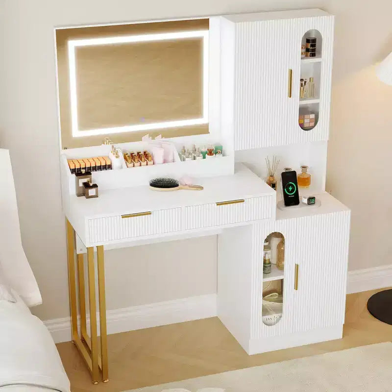Toeletta, Tavolo da trucco scanalato con cassetti e armadietti, Scrivania da trucco moderna con stazione di ricarica, 3 modalità di illuminazione a colori per la camera da letto
