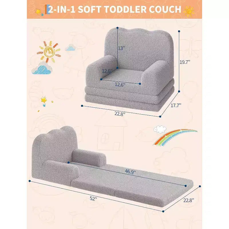 Divano per bambini 2 in 1, comodo divano, poltrona lunga, divano in morbida schiuma, regalo per bambini e bambine
