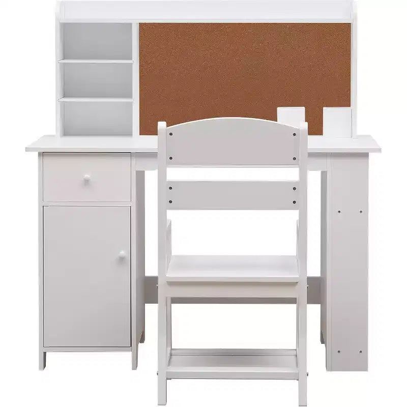 Scrivania per bambini, tavolo e sedia da studio per bambini e bambine, tavolo da scrittura in legno per bambini con libreria, bacheca, armadietto e cassetto per età 3-8