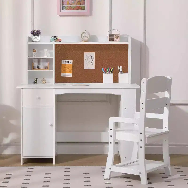 Scrivania per bambini, tavolo e sedia da studio per bambini e bambine, tavolo da scrittura in legno per bambini con libreria, bacheca, armadietto e cassetto per età 3-8