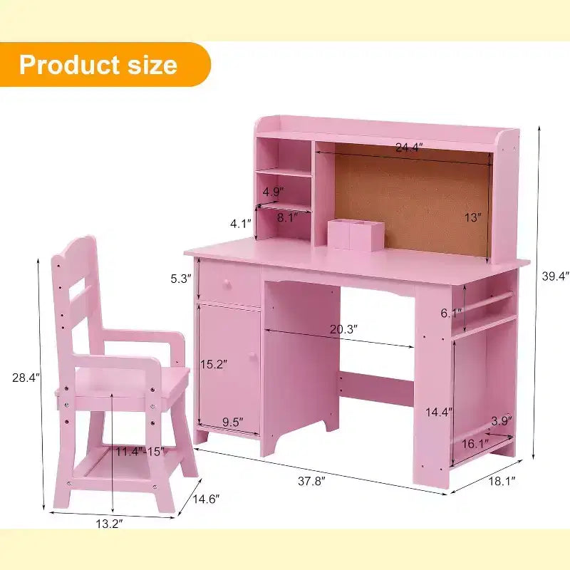 Scrivania per bambini, tavolo e sedia da studio per bambini e bambine, tavolo da scrittura in legno per bambini con libreria, bacheca, armadietto e cassetto per età 3-8