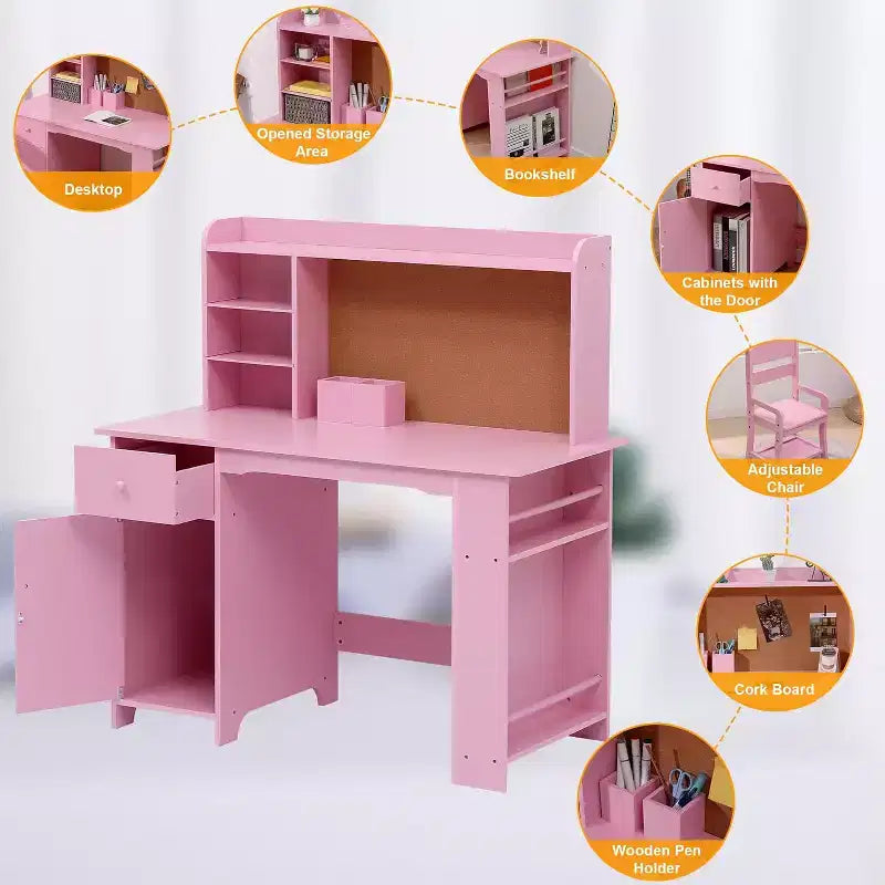 Scrivania per bambini, tavolo e sedia da studio per bambini e bambine, tavolo da scrittura in legno per bambini con libreria, bacheca, armadietto e cassetto per età 3-8
