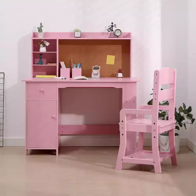 Scrivania per bambini, tavolo e sedia da studio per bambini e bambine, tavolo da scrittura in legno per bambini con libreria, bacheca, armadietto e cassetto per età 3-8