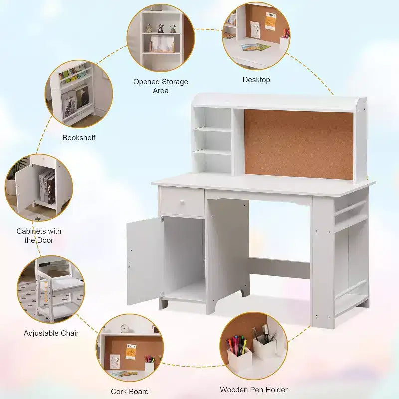 Scrivania per bambini, tavolo e sedia da studio per bambini e bambine, tavolo da scrittura in legno per bambini con libreria, bacheca, armadietto e cassetto per età 3-8