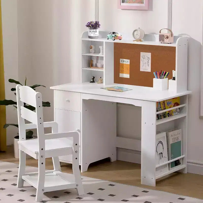 Scrivania per bambini, tavolo e sedia da studio per bambini e bambine, tavolo da scrittura in legno per bambini con libreria, bacheca, armadietto e cassetto per età 3-8